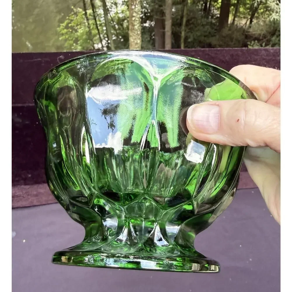 Vtg 1960s Anchor Hocking Emerald Green Glass Thumbprint Pedestal Candy Dish Bowl